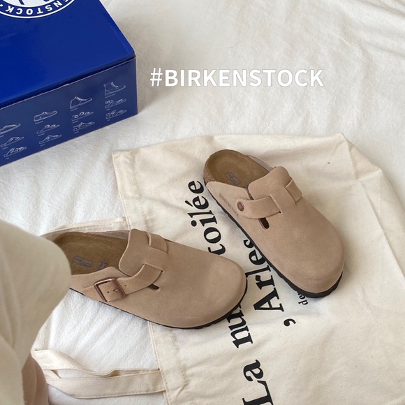Birkenstock Boston Clog Suede Sandal Taupe - Picture 1 of 9